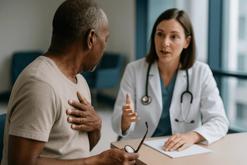 Doctor consulting patient about symptoms in office: Sarcoidosis palpitations and vision changes: why the heart and eye get s