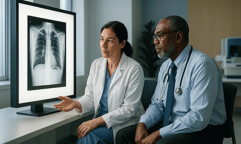 Doctors examining a chest X-ray in a medical consultation room.