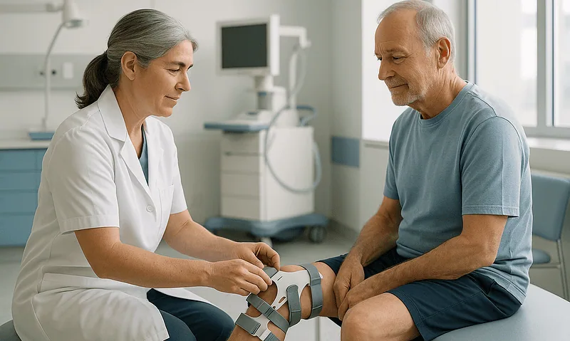 Doctor examining an elderly man's knee in a hospital setting.