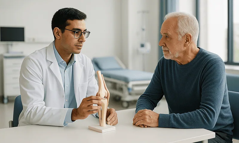 Doctor explaining bone health to an elderly patient in a hospital setting.