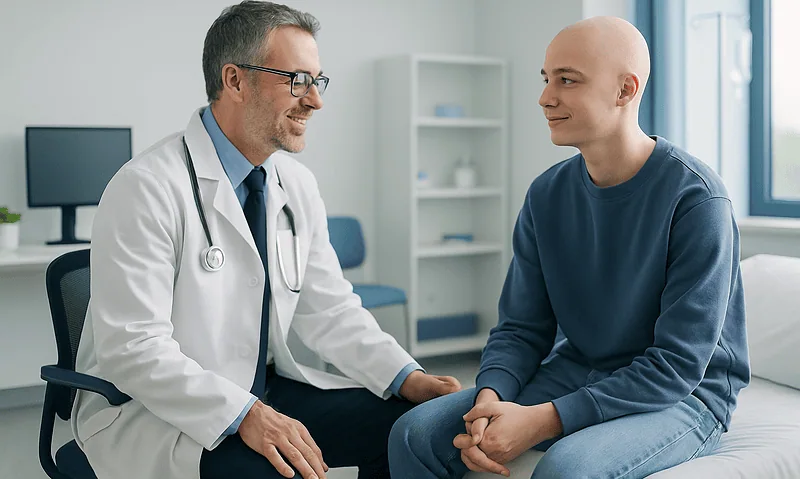 Doctor consulting with young patient in hospital room.