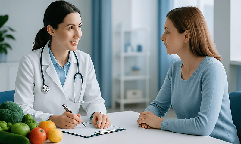 Doctor consulting with a female patient in a medical office setting.