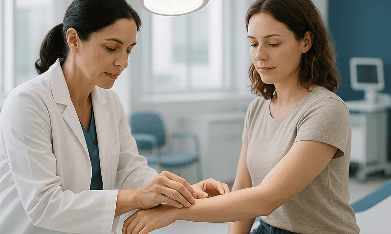 Doctor examining patient's arm in a medical clinic setting.