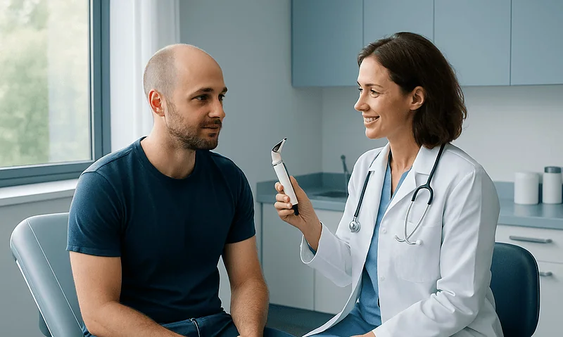 Doctor explaining scalp micropigmentation to patient in clinic.