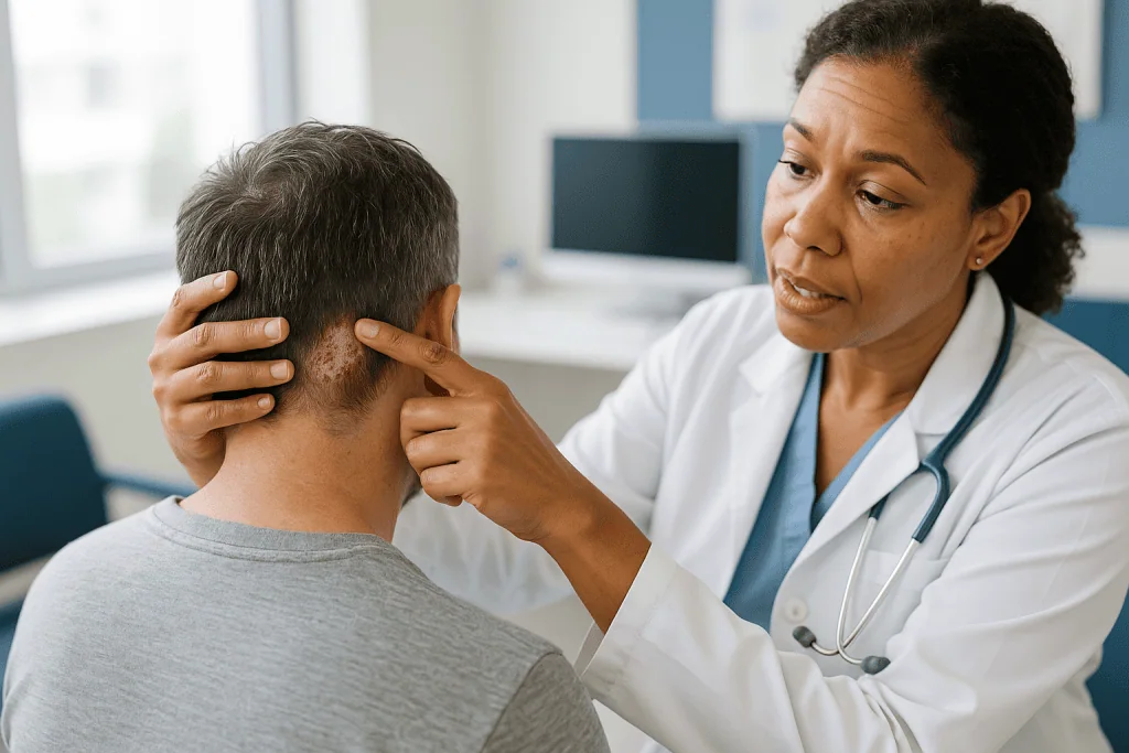 Dermatologist examining patient's scalp in clinical setting: Scalp psoriasis vs dandruff: what dermatologists look for
