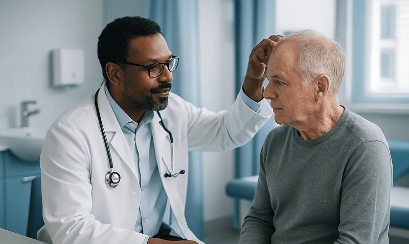 Doctor examining an elderly patient's scalp in a medical consultation.