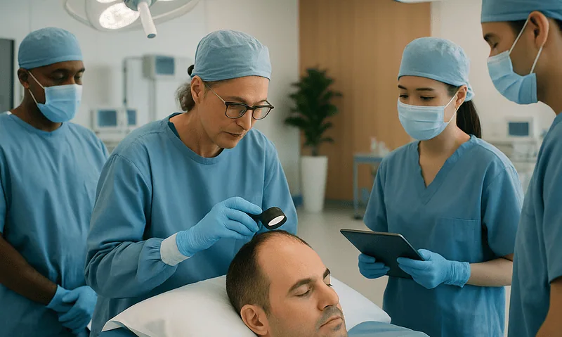 Medical team performing scalp reconstruction surgery in an operating room.