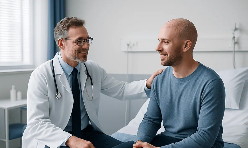 Doctor consulting with patient in hospital room.