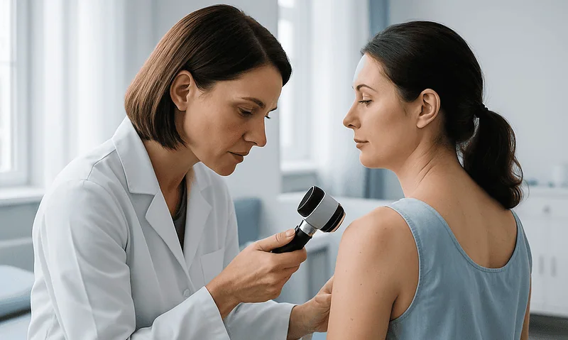 Blog 7 Dermatologist examining patient's skin with a dermatoscope in a clinical setting.