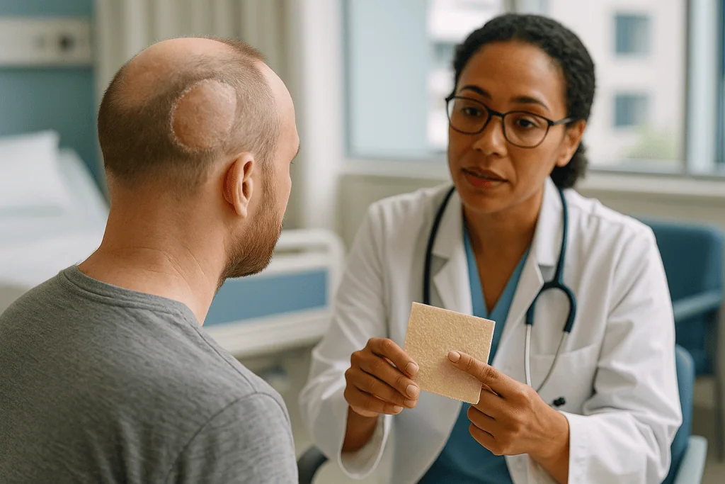 Doctor consulting patient in clinic, holding clipboard: Scalp skin graft: how a piece of skin learns to live somewhere new