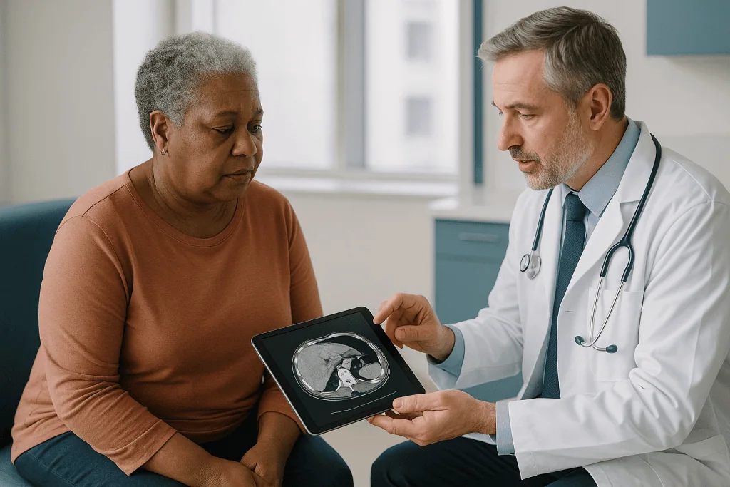 Doctor showing CT scan to patient in consultation: Scans before liver and pancreas surgery: what each one shows