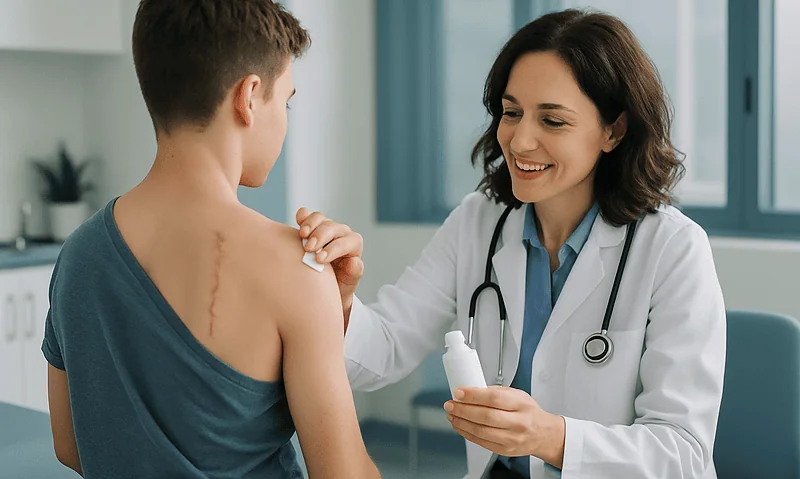Doctor examining a child's scar after nevus removal in a clinical setting.
