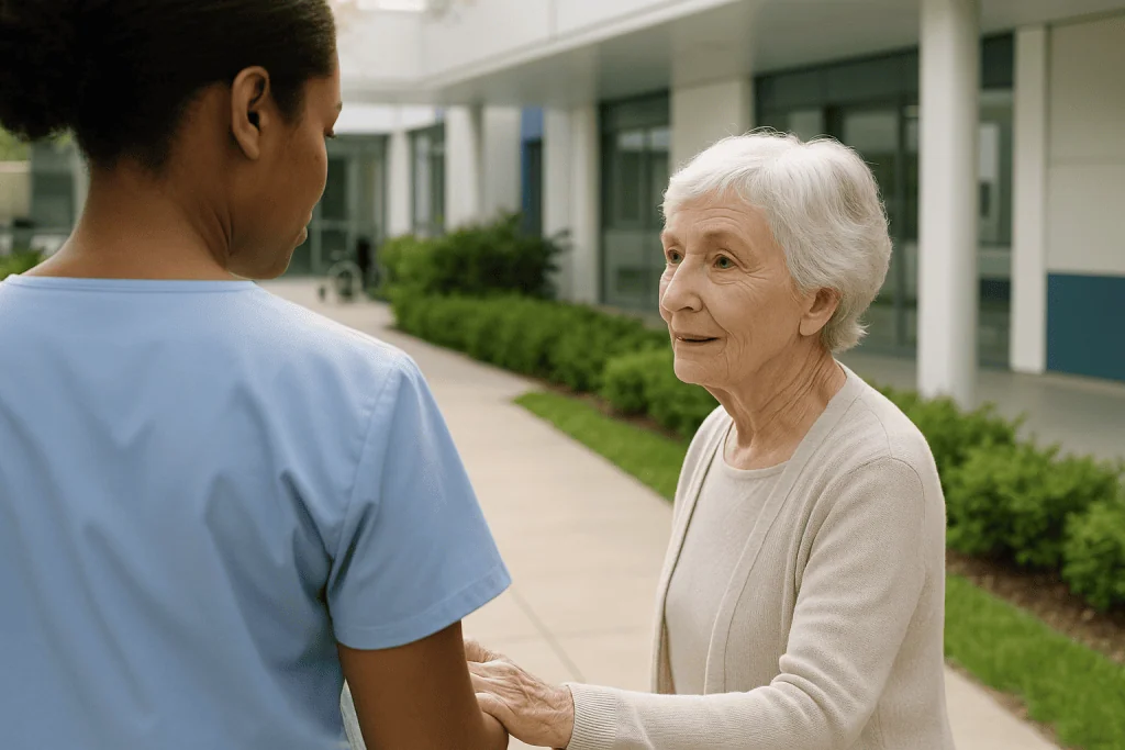 Scar Care and Sun Protection After Treatment in Turkey 1 Healthcare professional talking to an elderly woman outside a hospital.