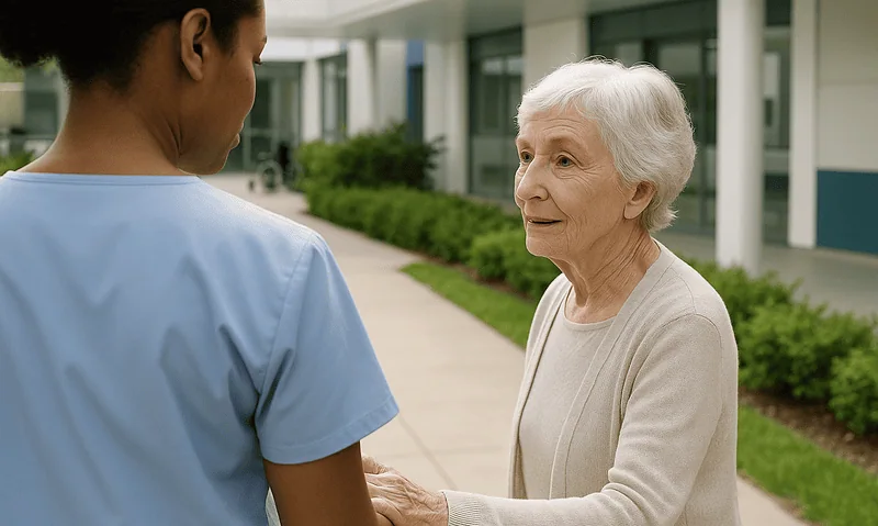 Healthcare professional talking to an elderly woman outside a hospital.