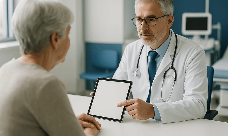 Doctor explaining treatment options to an elderly patient in a hospital consultation room.