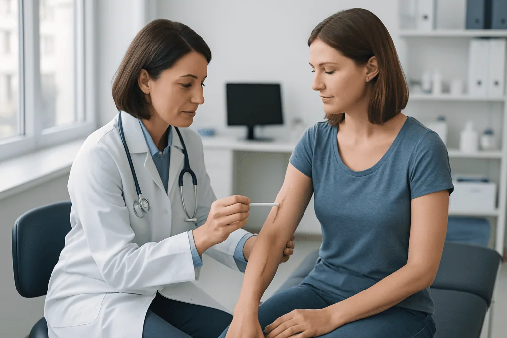 Scar Treatment 1 Doctor examining patient's arm in a medical consultation room.