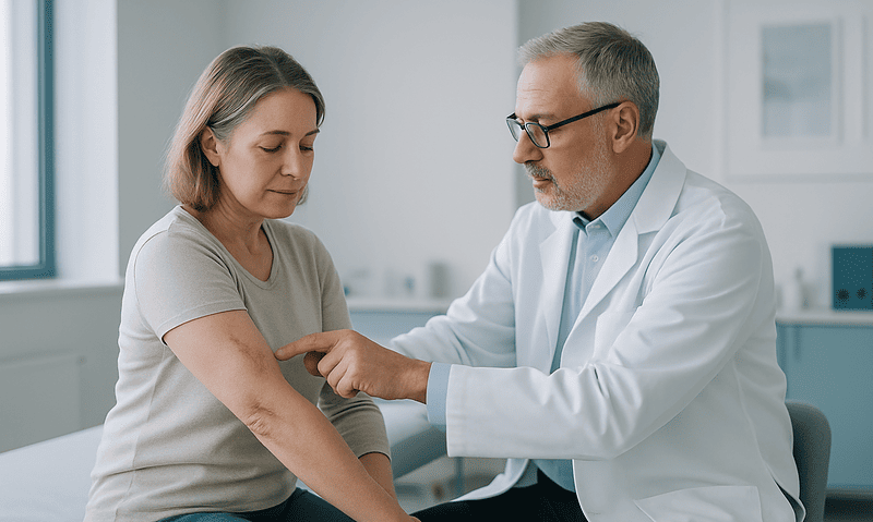 Doctor examining a woman's arm in a medical consultation room.