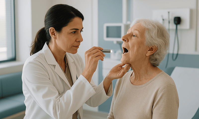 Doctor examining elderly woman's throat in a hospital setting.