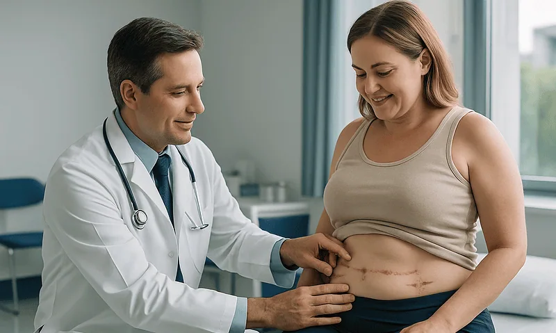 Doctor examining surgical scars on a woman's abdomen in a clinical setting.