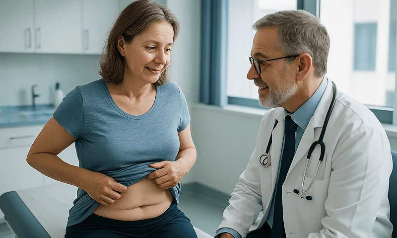 Doctor consulting with a woman patient about post-surgery scars in a medical clinic.