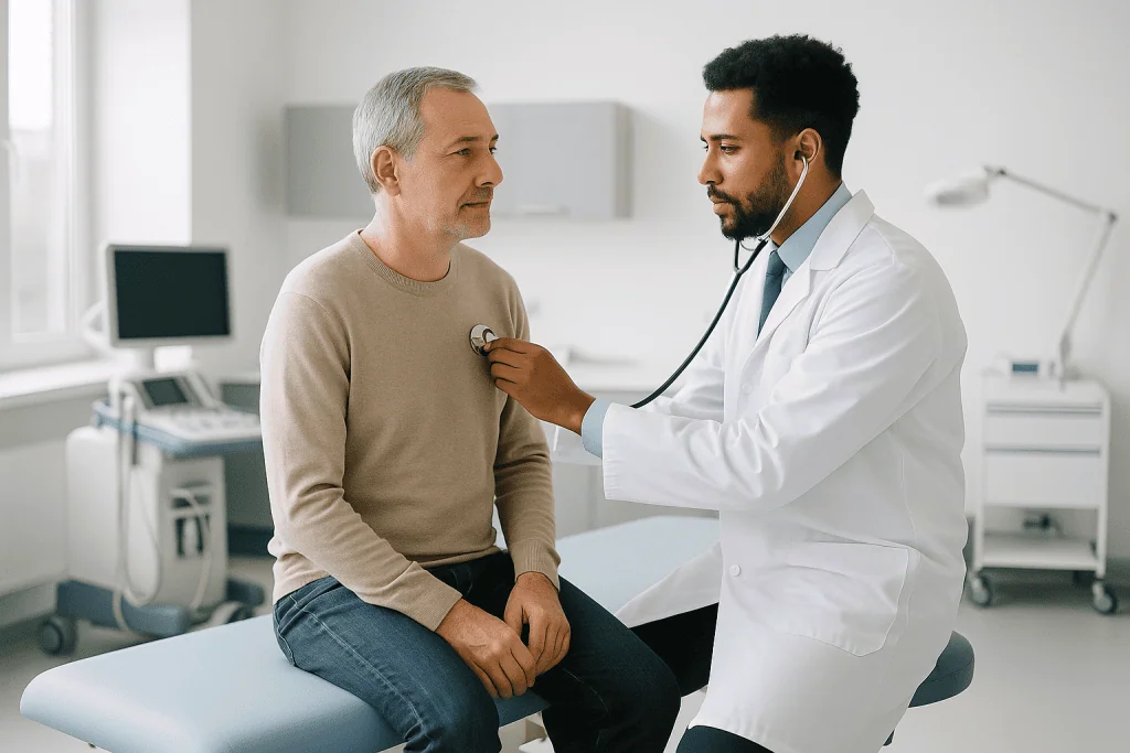 Schema Therapy 1 Doctor examining an elderly male patient in a medical office.