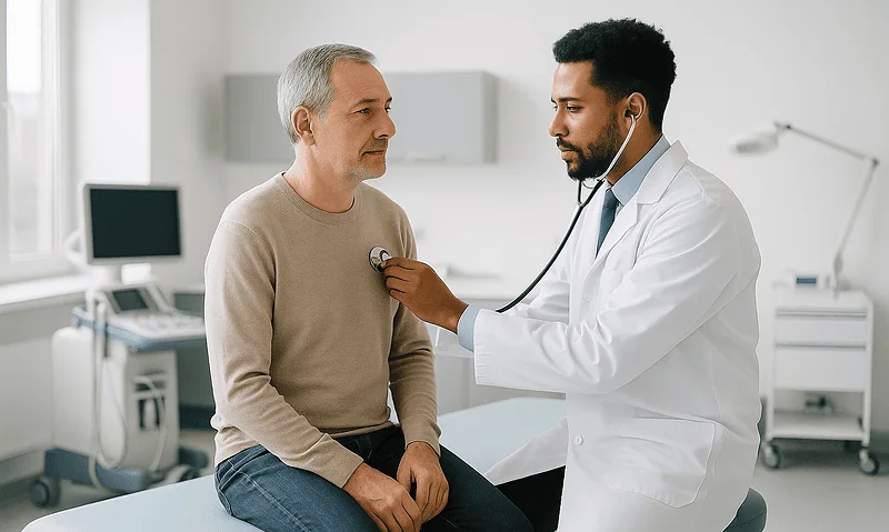Doctor examining an elderly male patient in a medical office.