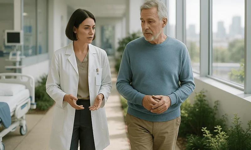 Doctor and patient having a conversation in a hospital corridor.