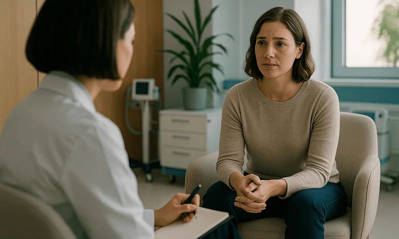 Mental health consultation with a psychiatrist and patient in a clinic setting.