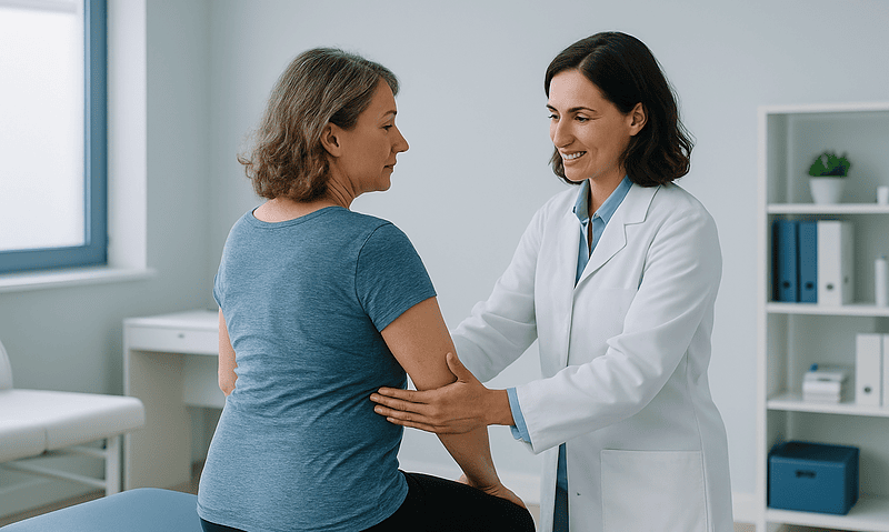 Doctor examining a woman with scoliosis in a clinical setting.