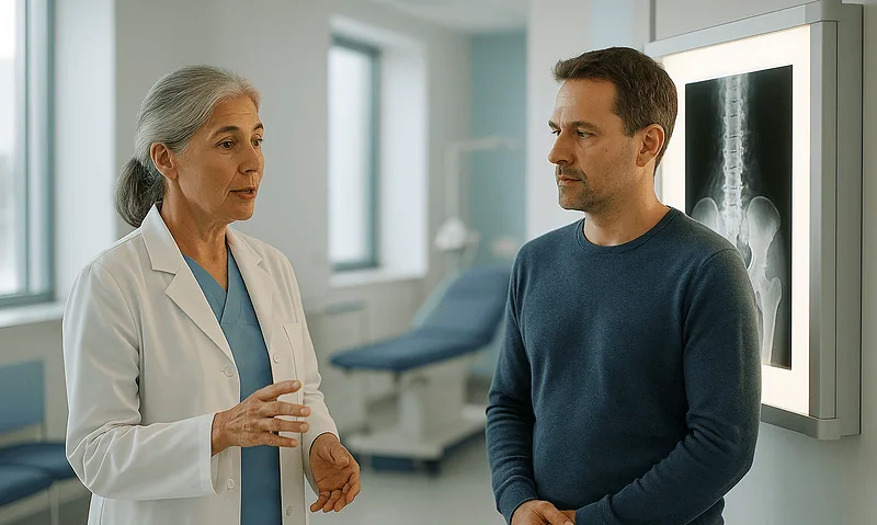 Doctor explaining scoliosis treatment options to a patient in a hospital room.