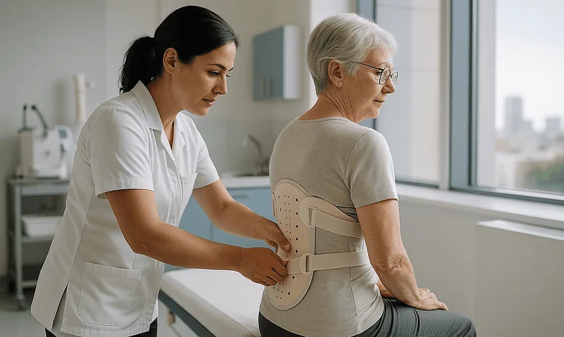 Physiotherapist examining elderly woman's back for sciatica treatment.