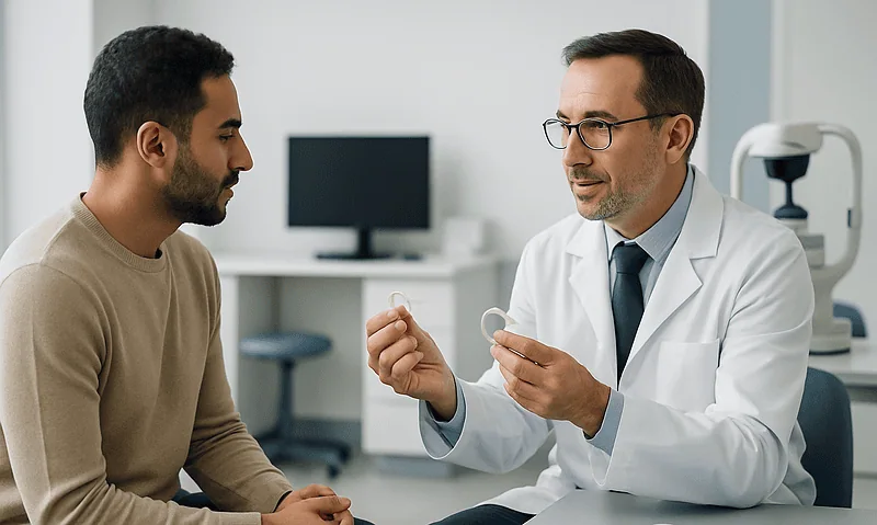 Ophthalmologist explaining scleral lenses to patient in clinic.
