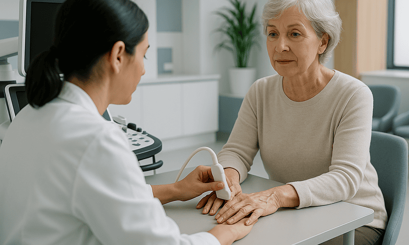Doctor examining elderly woman's hand in a medical consultation.