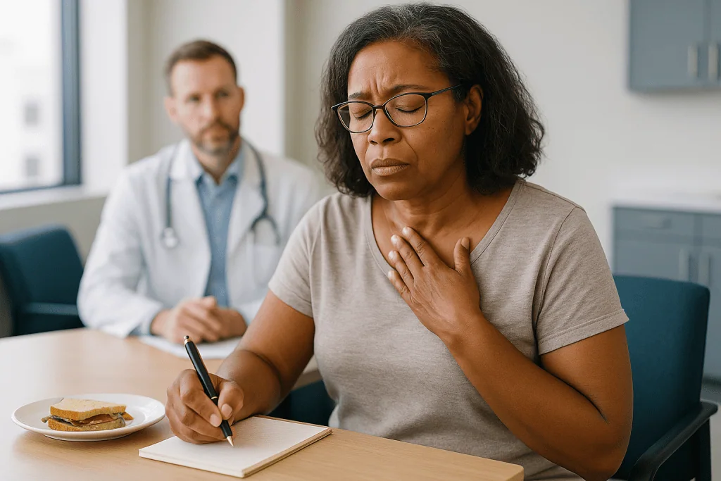 Patient consultation with physician, food on table: Scleroderma reflux and swallowing: what to write down about heartburn