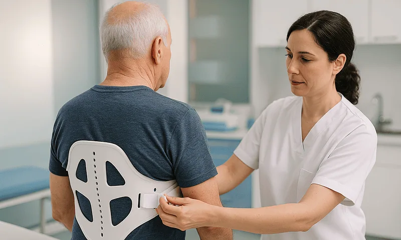 Doctor examining a patient's back with a spinal brace in a hospital setting.