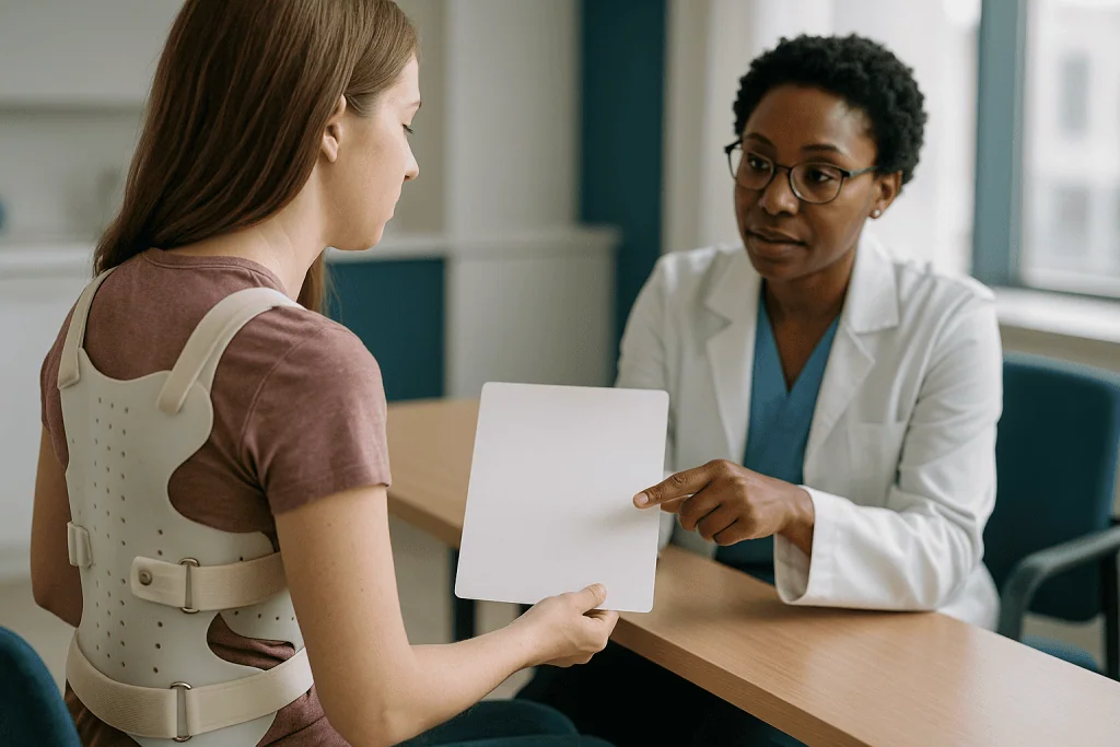 Doctor consulting with patient wearing back brace: Scoliosis brace break-in schedule: how wear time is built up