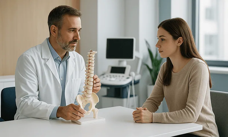 Doctor explaining scoliosis to a patient with spine model in clinic.