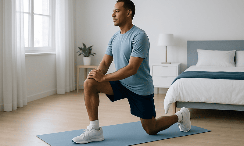 Man performing lunges in a bright, modern bedroom for scoliosis exercise.