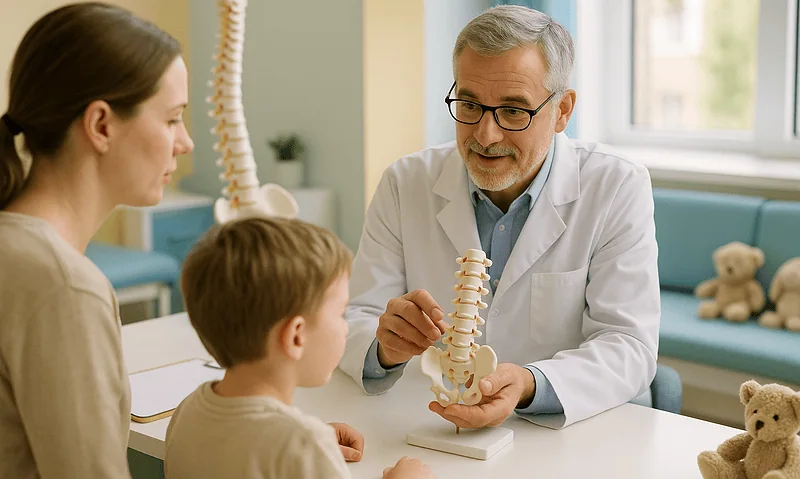 Pediatric doctor explaining scoliosis to young patient and parent at Acibadem Hospital.
