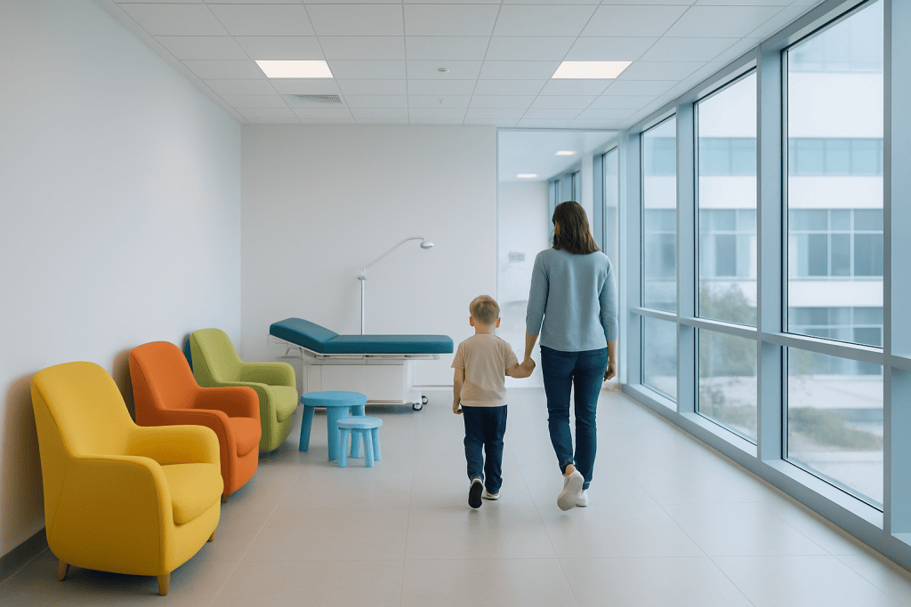 Scoliosis Juvenile 1 Child and adult walking in a modern hospital corridor with colorful chairs and large windows.