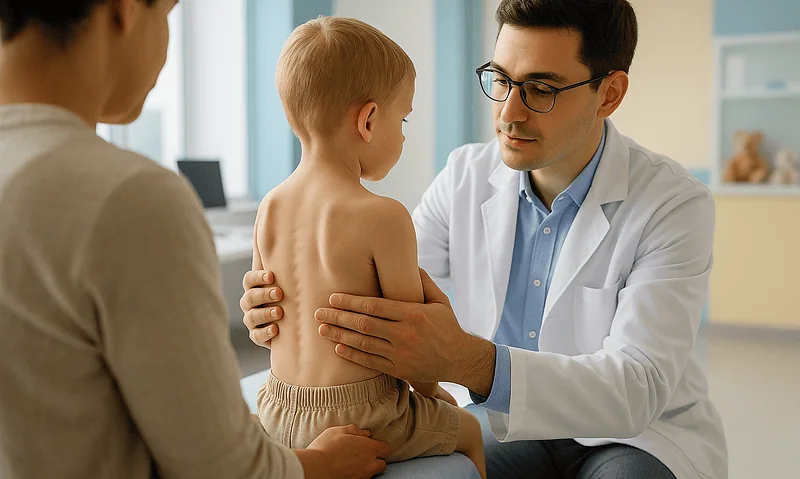Pediatric doctor examining a child's back for scoliosis assessment.