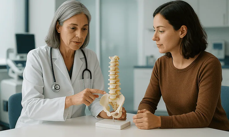 Doctor explaining spinal model to patient in a medical consultation.