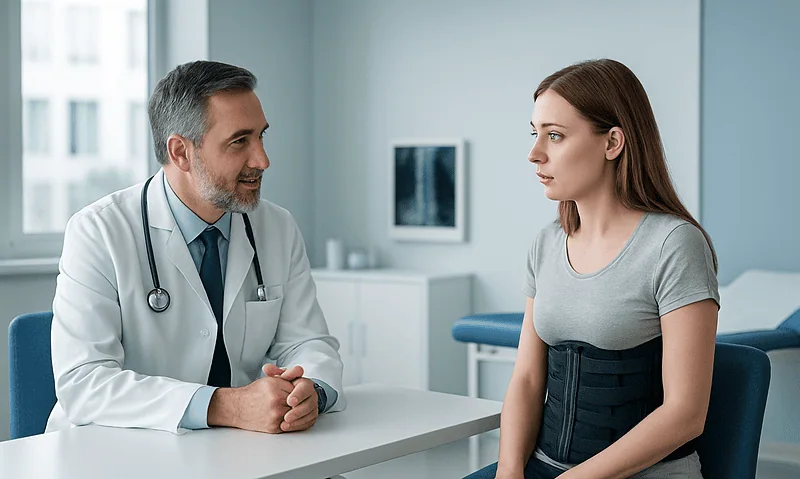 Doctor consulting with a young woman patient in a hospital room.