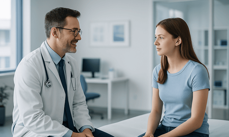 Doctor consulting with young female patient in a medical office.