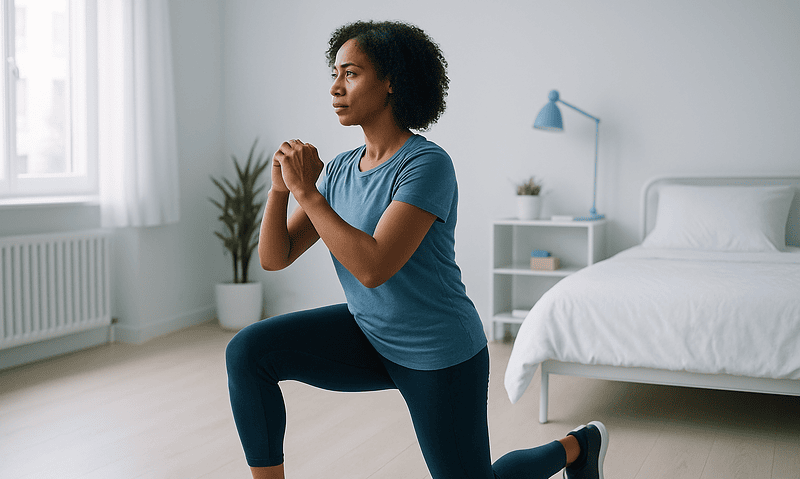 Woman doing knee lunges in a bright bedroom for post-scoliosis recovery.