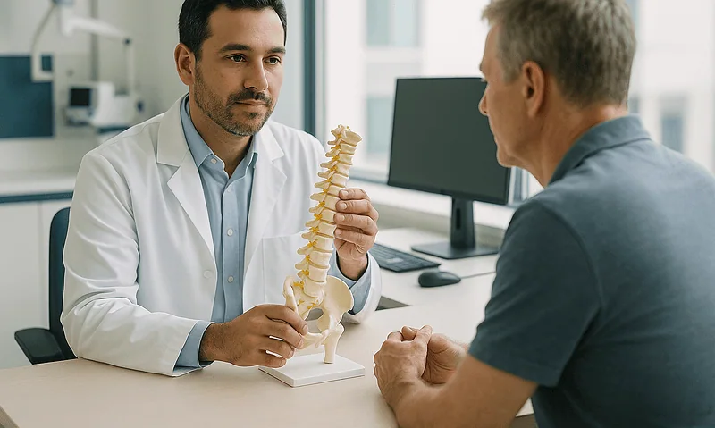 Doctor explaining spinal anatomy to patient in a medical consultation.