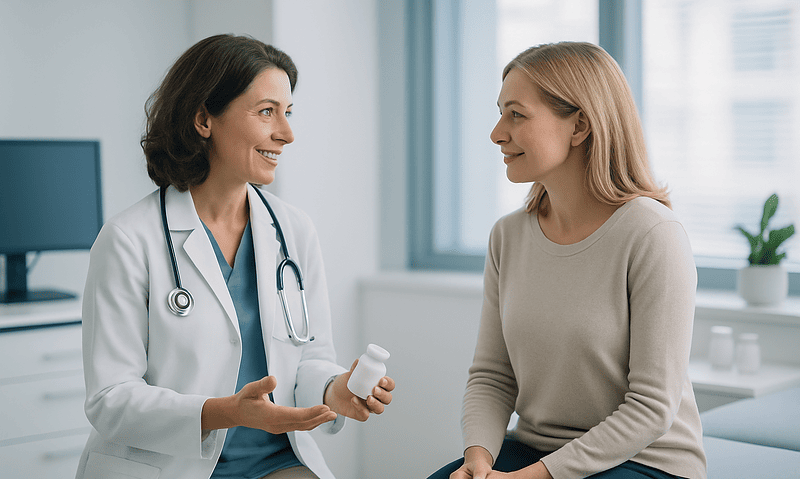 Doctor explaining Sculptra treatment to patient in clinic.