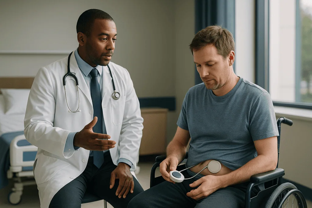 Doctor consulting patient in wheelchair in clinic: SDR vs baclofen pump: the single difference that drives every other one