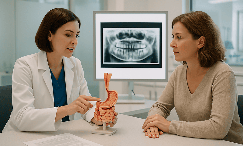 Doctor explaining stomach model to patient in medical consultation room.