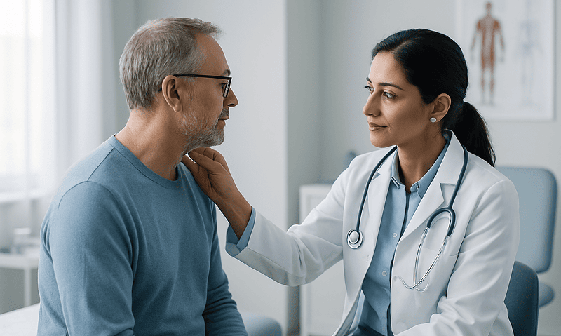 Doctor consulting with a male patient in a medical office.